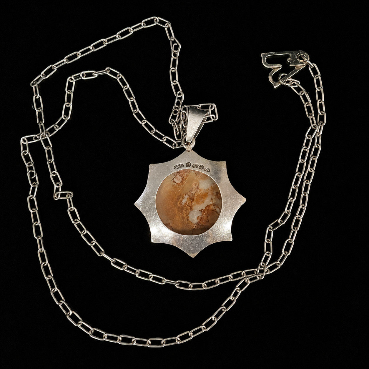OGA Scandinavian Sterling Silver Stone Pendant Necklace Sweden Modernist 24″