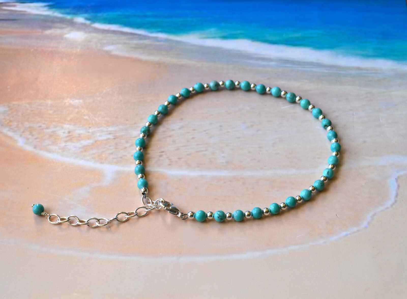 4mm Turquoise Bead and 3mm Sterling Silver Bead Ankle Bracelet 9 to 11 Inches