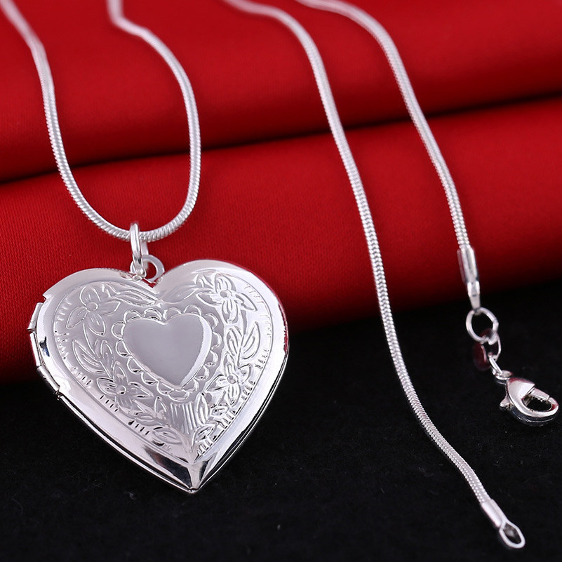 Heart Locket Pendant Necklace Silver Plated Photo Picture Chain Set