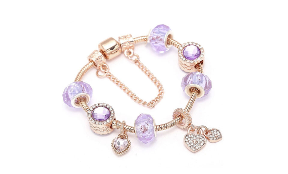 18K Rose Gold Plated Pink Crystal Heart Charm Bracelet Made With Swarovski