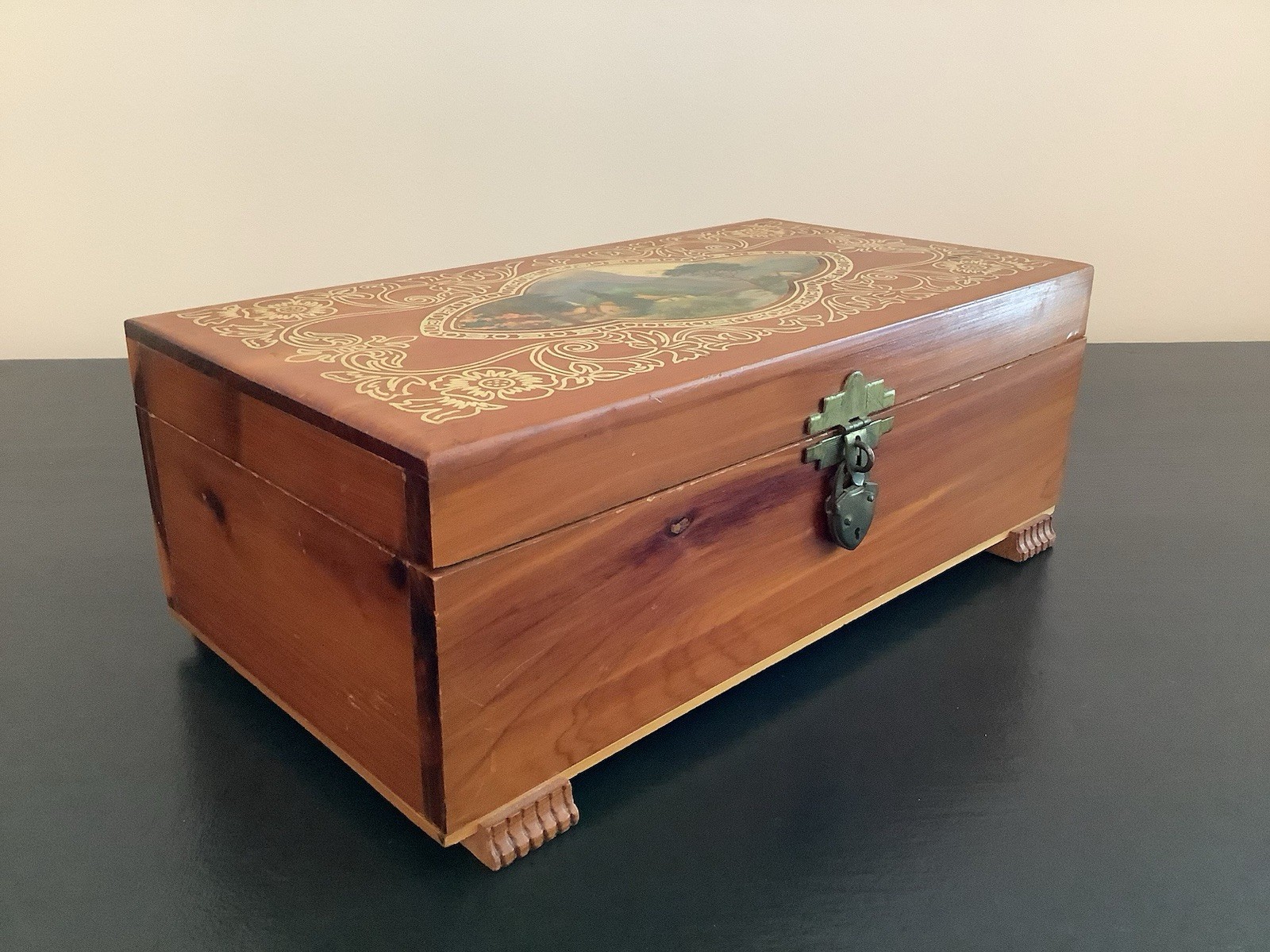 Vintage Cedar Wooden Keepsake Box Landscape Lid Rustic Jewelry Storage Cottage