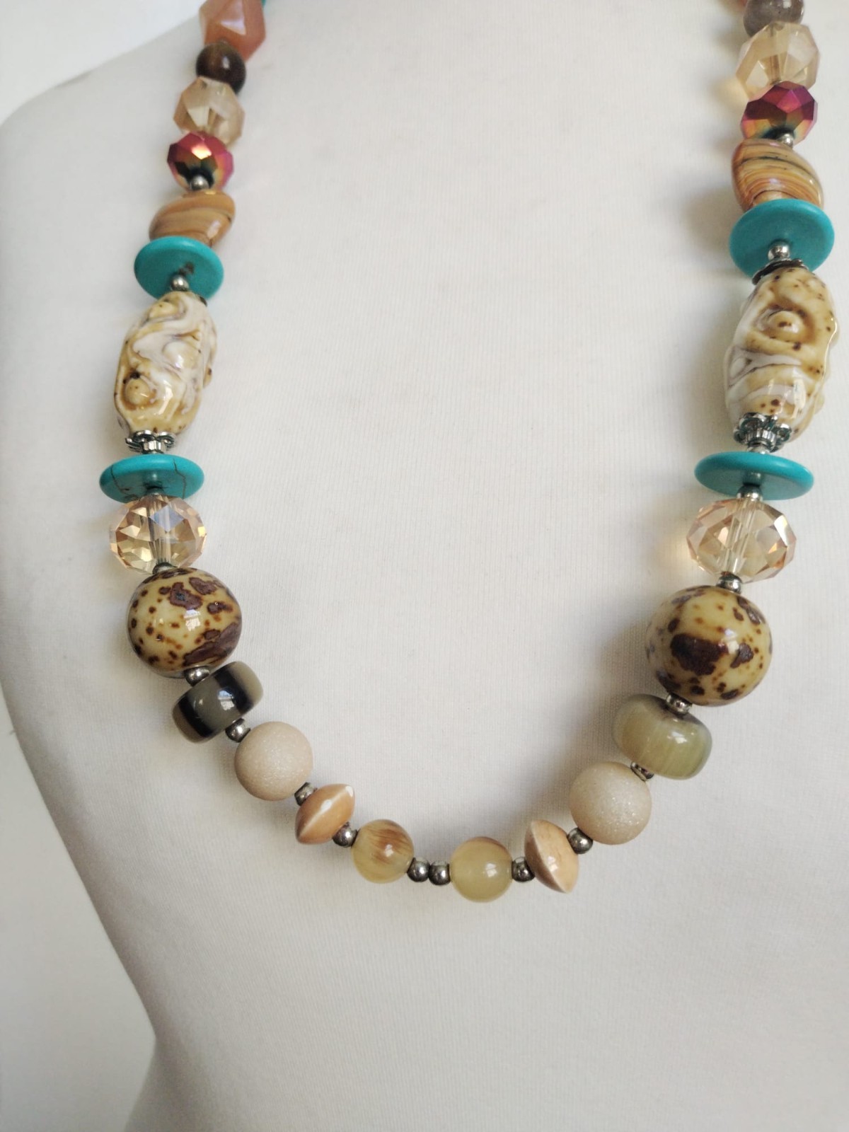 Long Blue Brown White Faux Pearl, Porcelain, Stone, Glass Mixed Beads Necklace