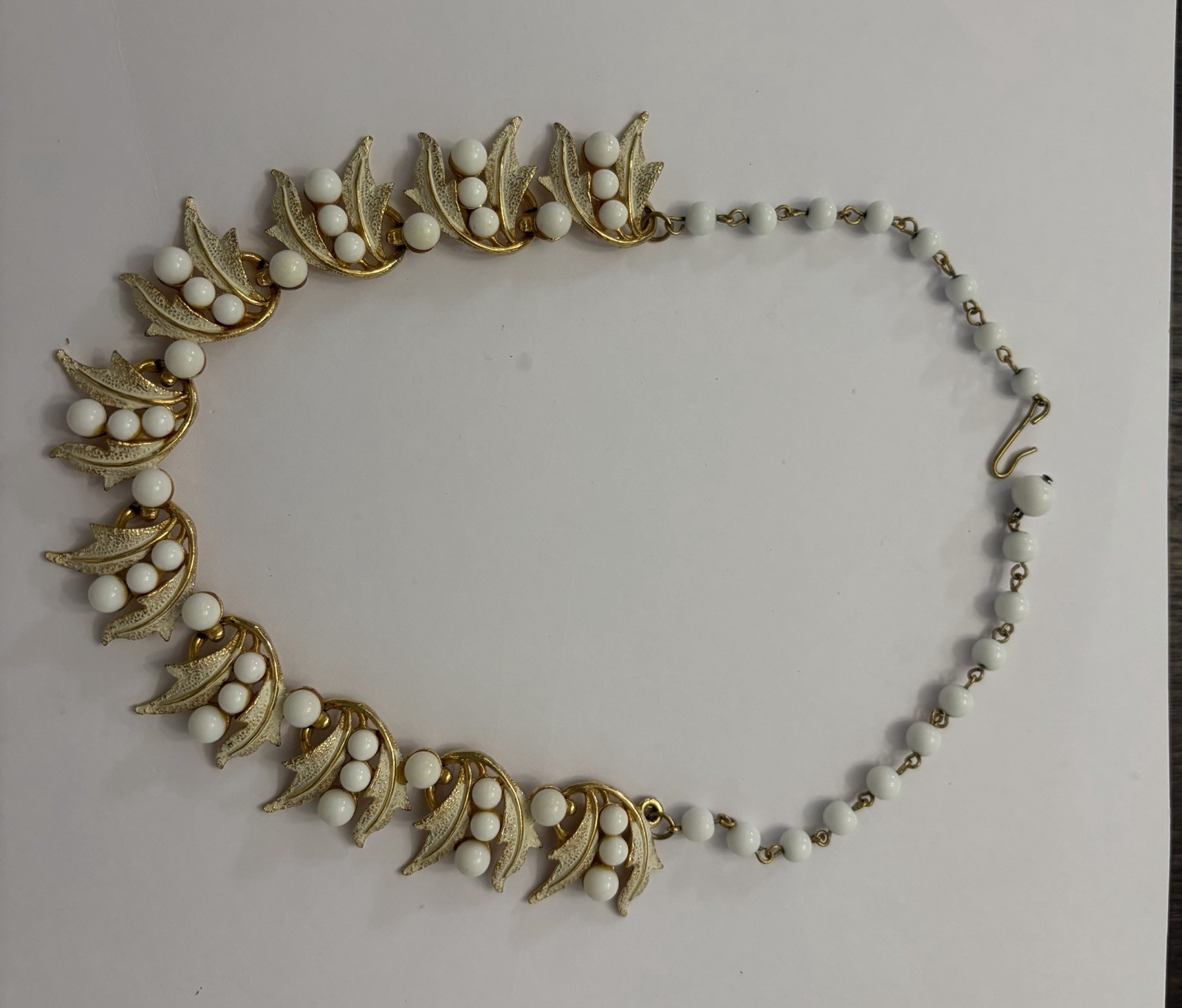 Vintage ART Signed White Milk Glass Bead Leaf Necklace Gold Tone Mid Century