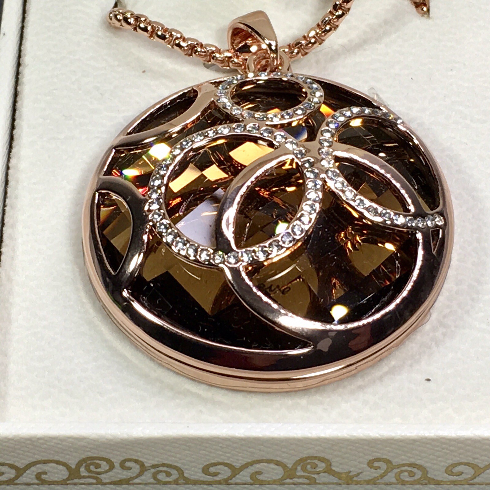 Qianse Fashion Rose Gold Color Amber Rhinestone Chunky Pendant W/ 32″ Box Chain