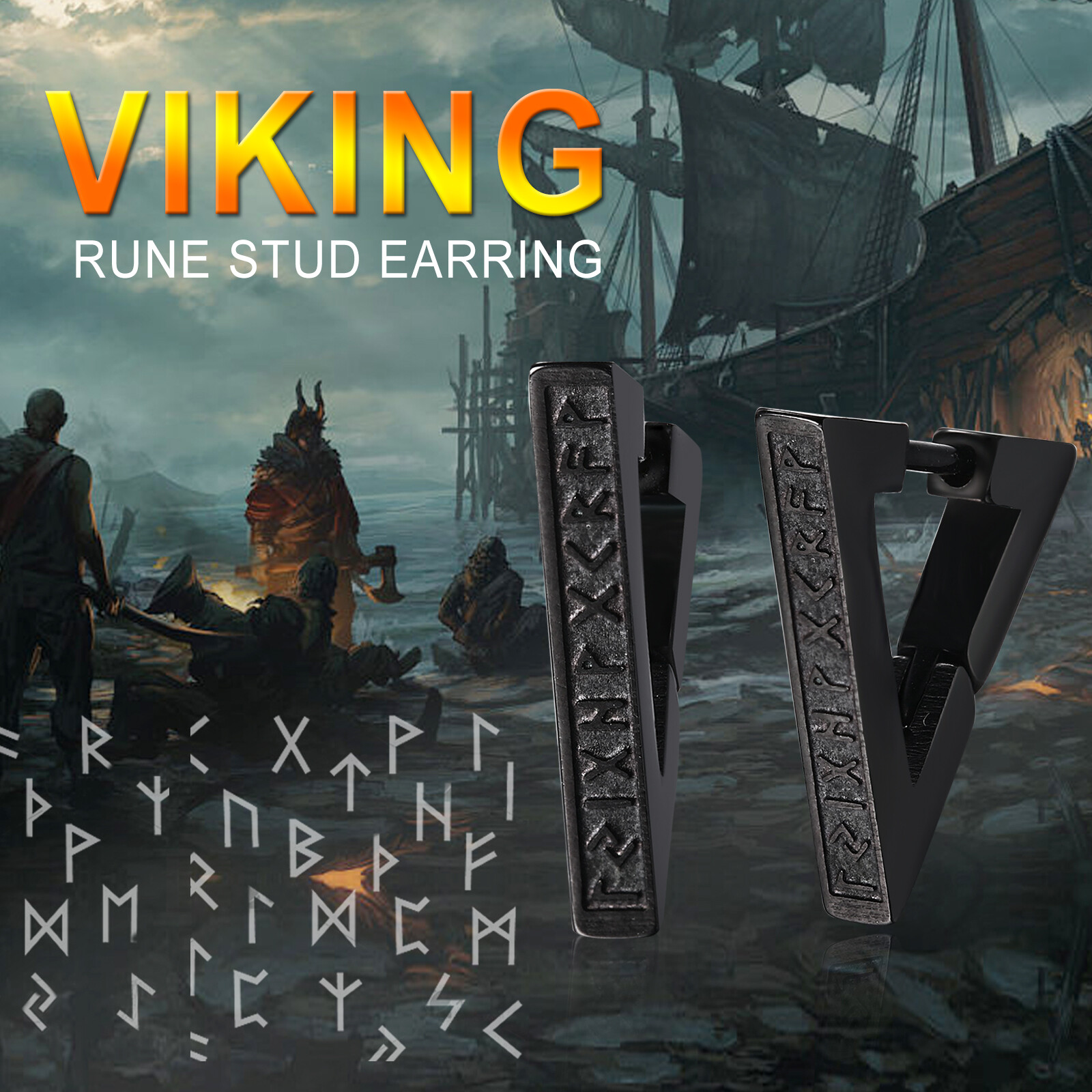 Norse Viking Runes Triangle Hoop Earrings for Men Women Huggie Hoops Ear Studs