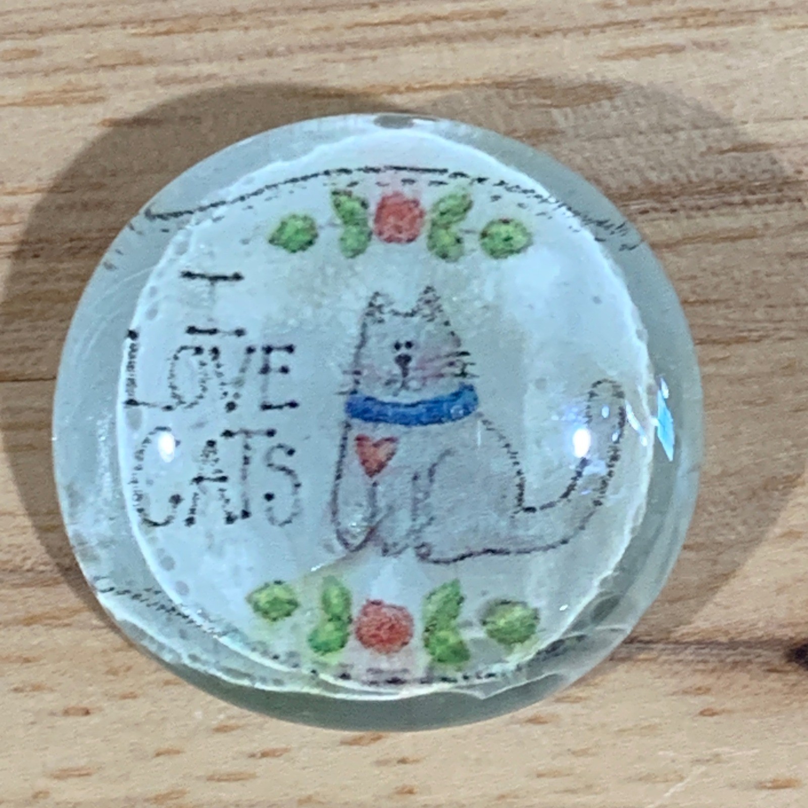 I Love Cats Glass Cabochon Pin Brooch Round Illustrated Feline White Blue 1 Inch