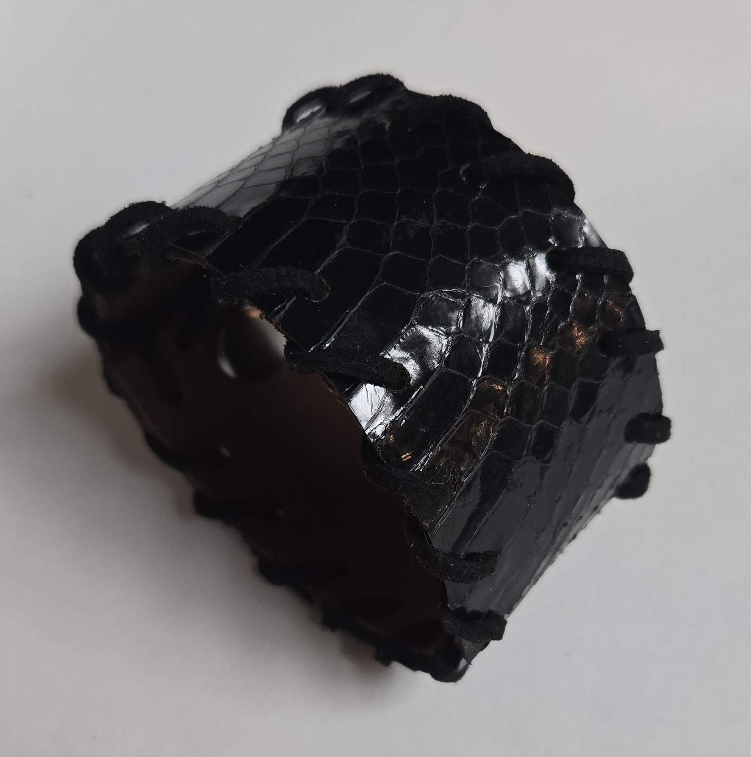 REAL Snakeskin / Leather Wide Cuff Bracelet, Snap Closure, Black 8 in.