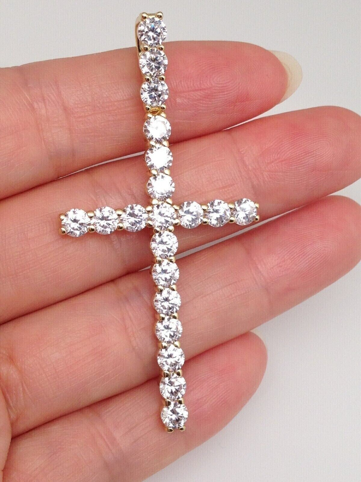 Men 925 Sterling Silver CZ Long Tennis Cross Pendant Gold Cross 1.77″/2.36″