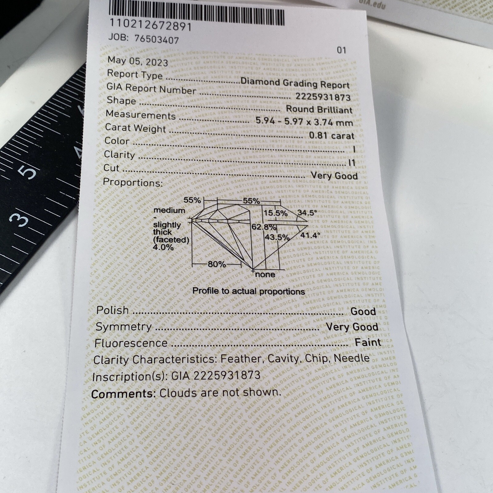 GIA Graded Certified 0.81Ct Diamond Color I Clarity I1 Very Good Cut