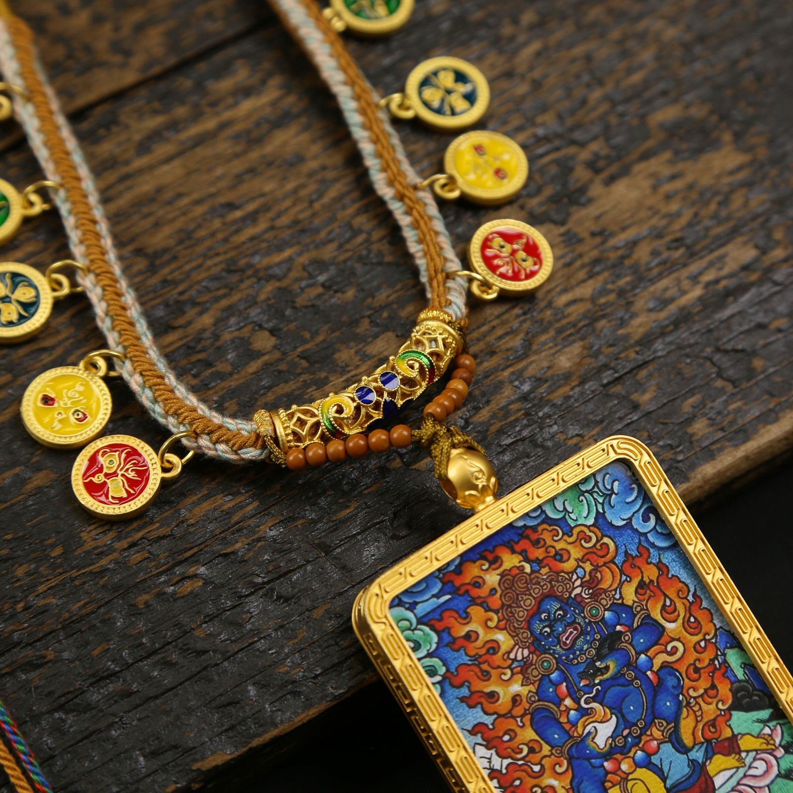 Gold Nepalese Thangka five-way God of Wealth pendant electroplated oriental art