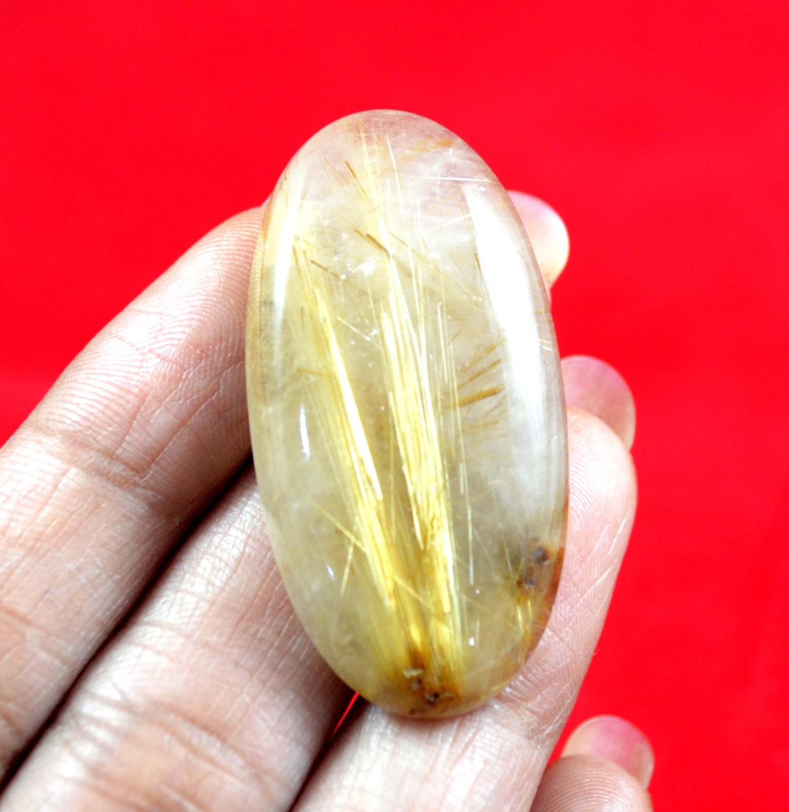 69Cts. Natural Cabochon Gemstone Golden Needle Rutile Oval 43x22mm-A1709