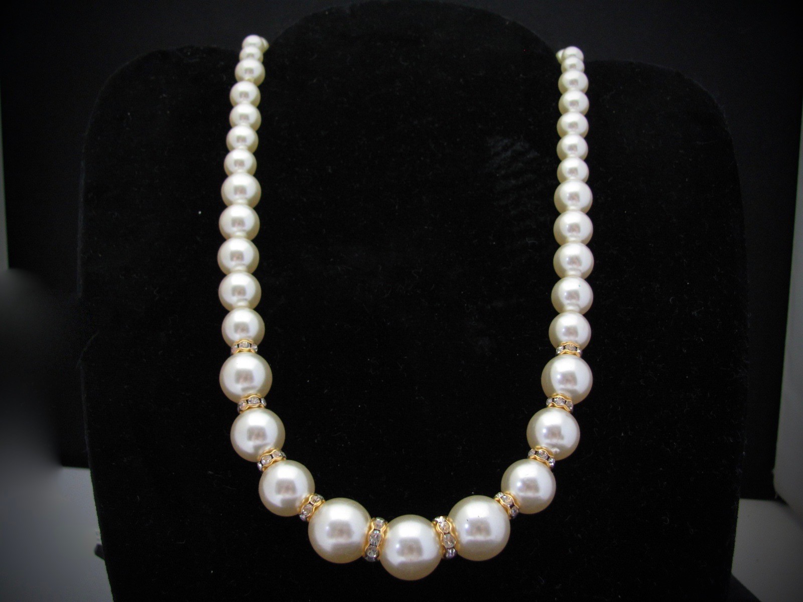 Vintage Pearl Necklace Cream White Faux Pearls Graduated Statement Crystal Gift