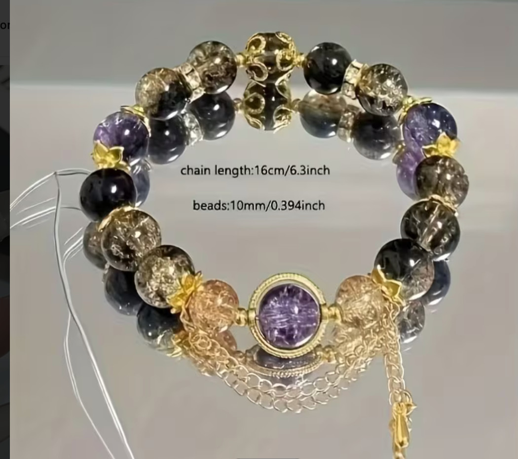 Black & Gold Phantom Quartz Bracelet 10mm Gemstone Beads Adjustable 16cm