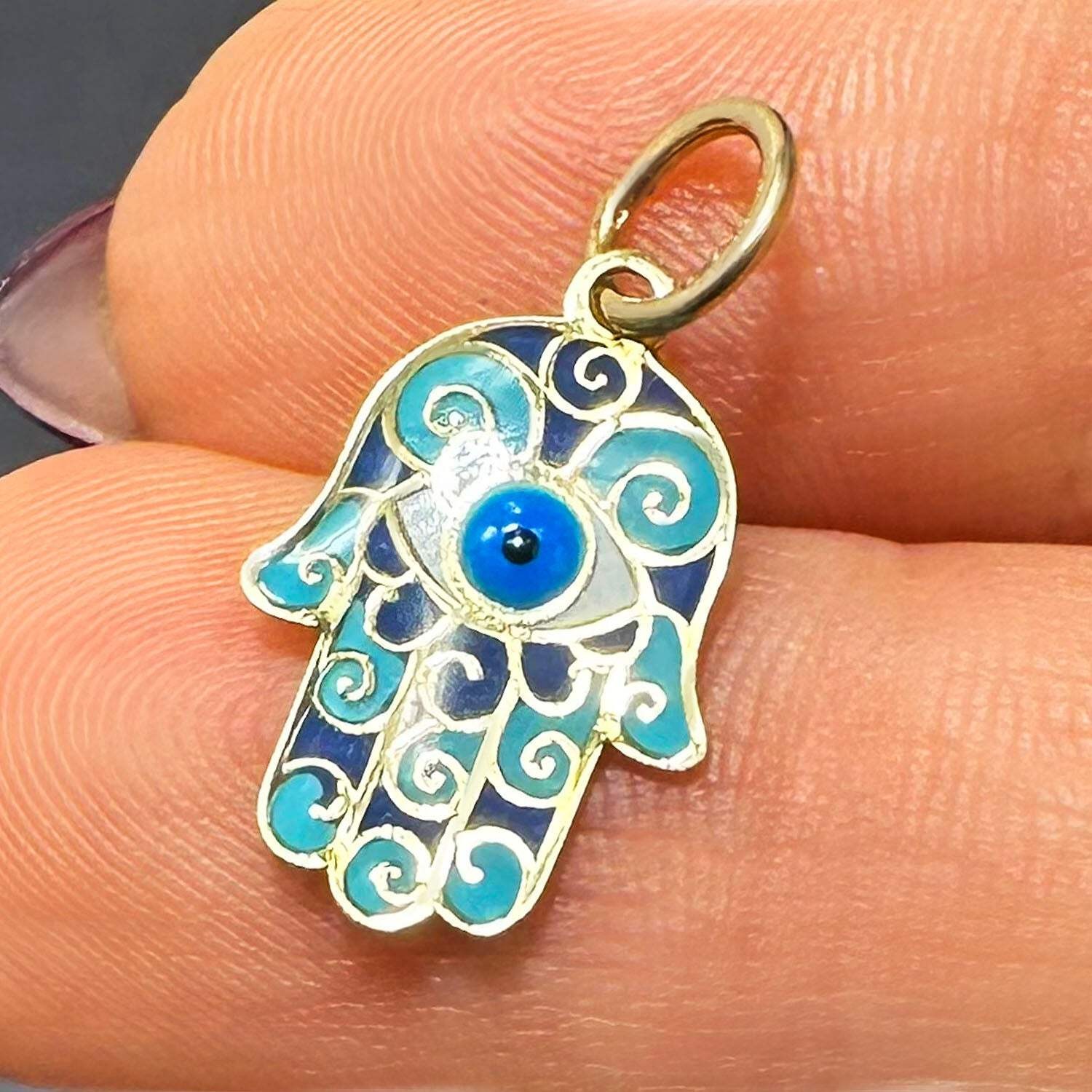 10K Yellow Gold Blue Enamel Hamsa Hand Evil Eye Pendant 0.9″