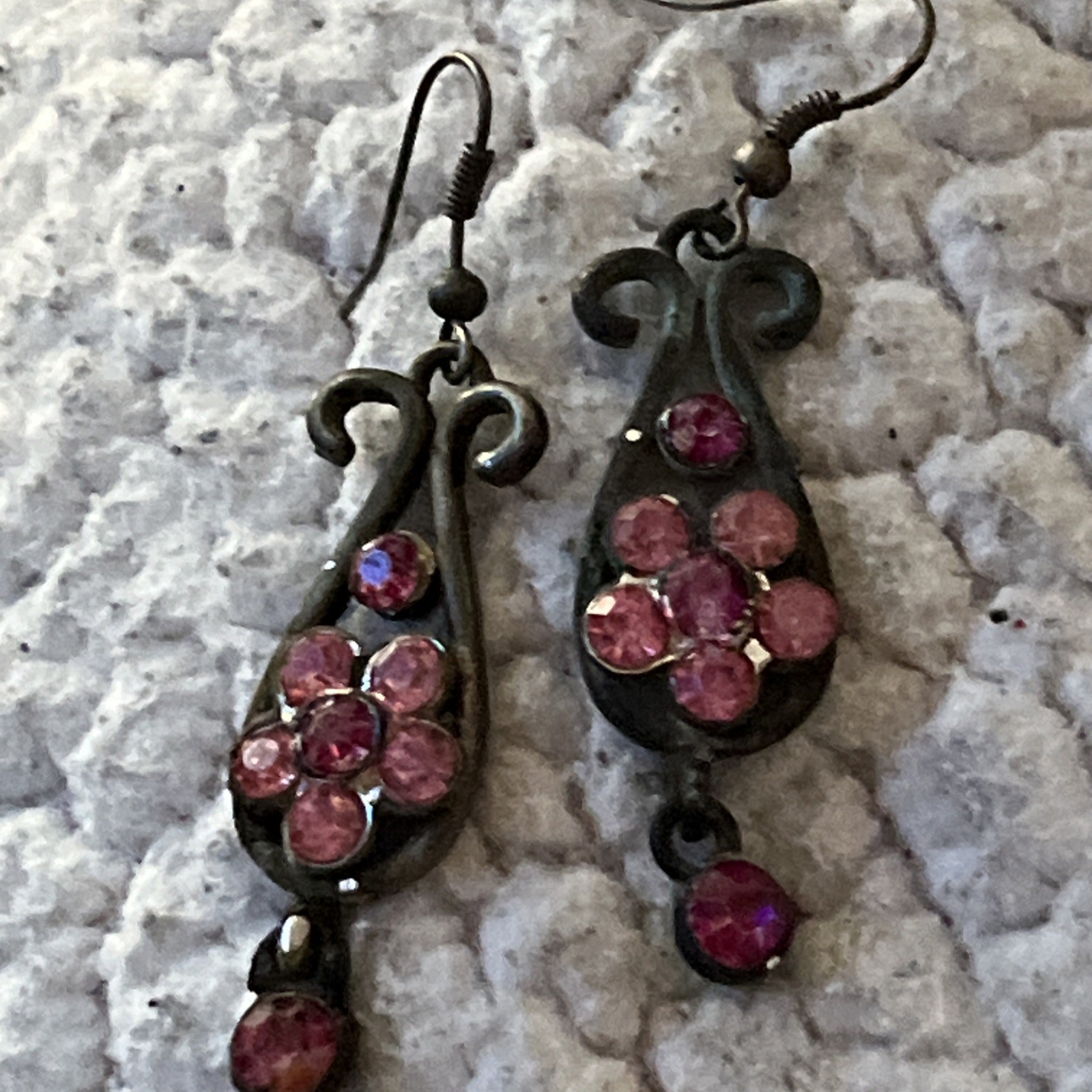 Vintage Earrings Pink Floral Chandelier Shabby Chic Crystal Retro