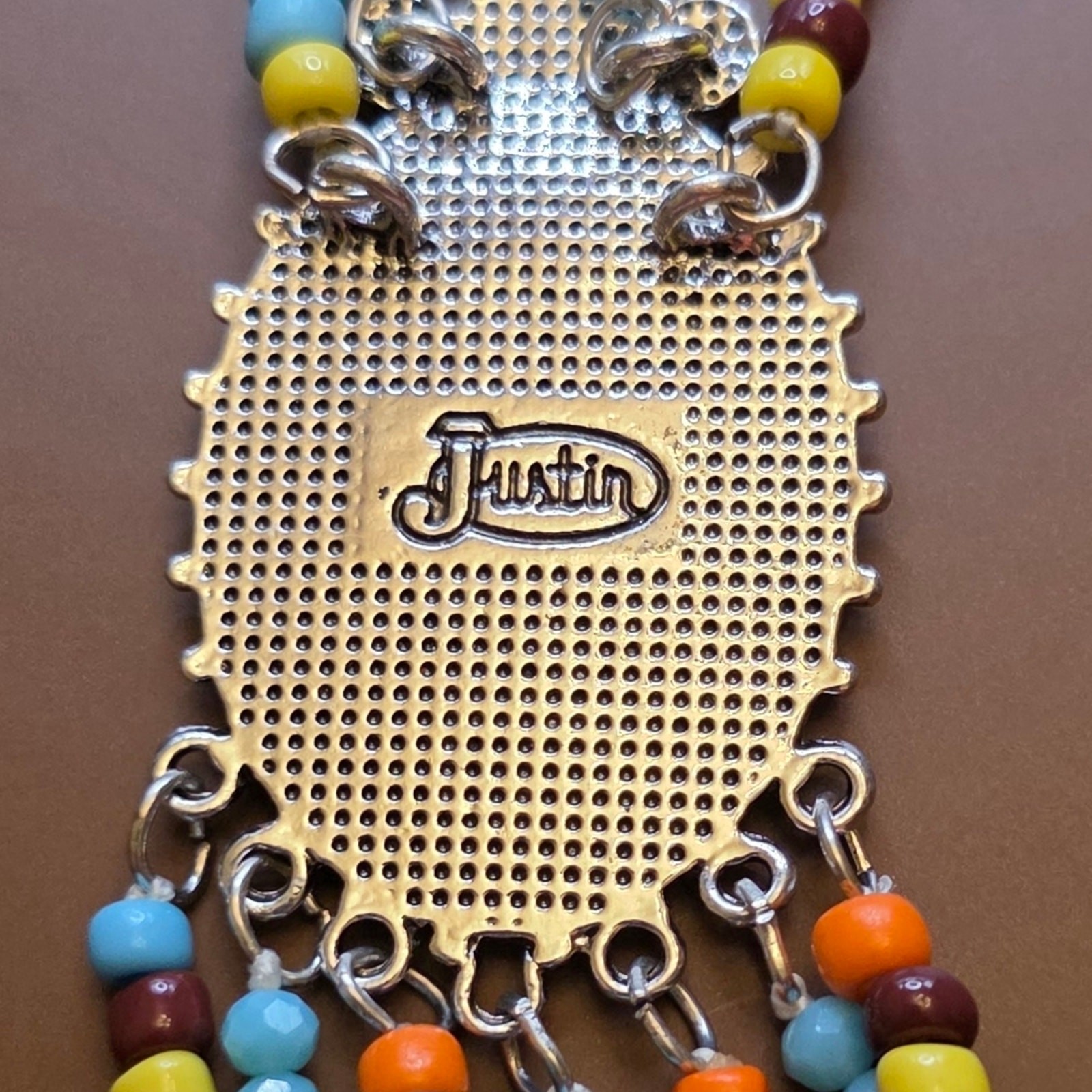 Boho Silver Bull Pendant Beaded Necklace in Turquoise & Orange
