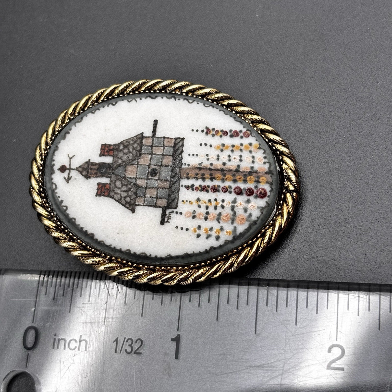 Vintage Porcelain BIRDHOUSE Brooch Pendant Hand Painted Gold Tone 1.75”