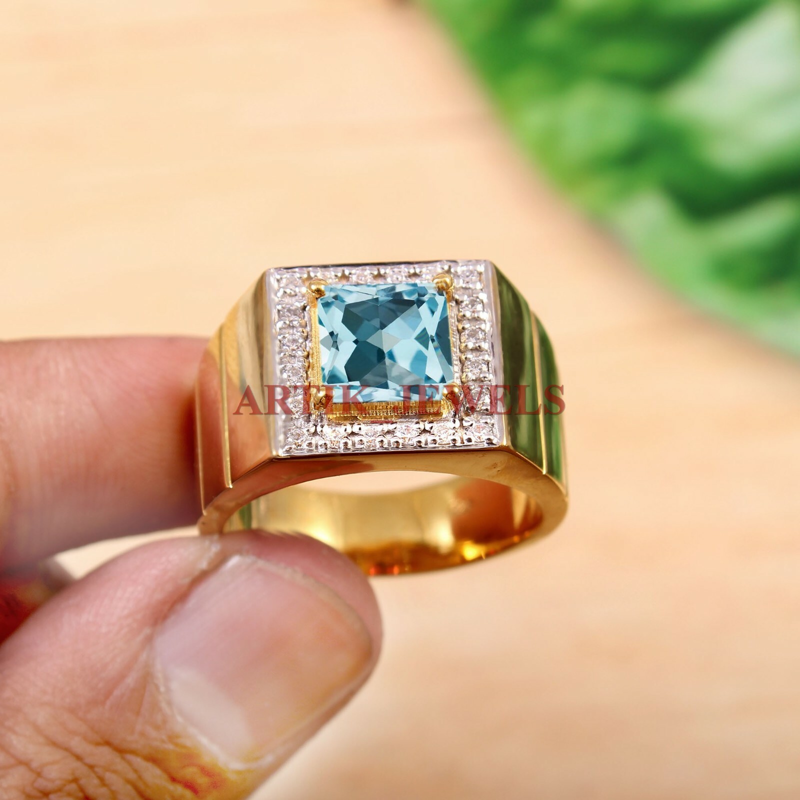 Natural Blue Topaz Gemstone with Gold Plated 925 Sterling Silver Men’s Ring 5128