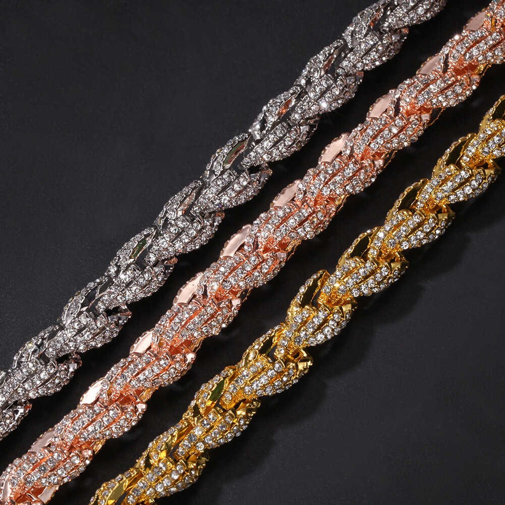 9mm White Gold Plated Iced Out CZ Rope Chain Bracelet Necklace Hip Hop Jewelry