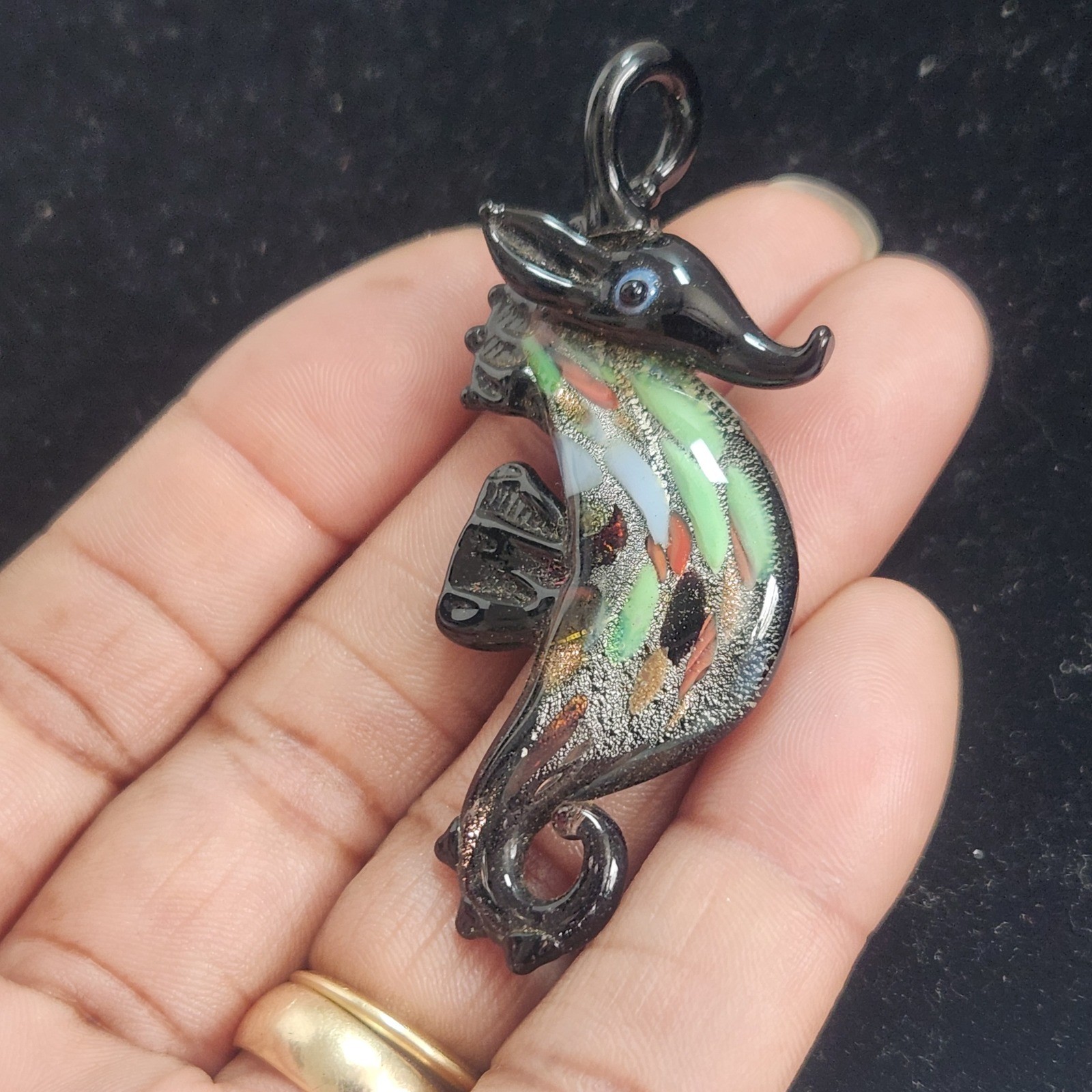 Handblown Lampwork Glass Seahorse Pendant Black Multi Color Dichroic Art Glass