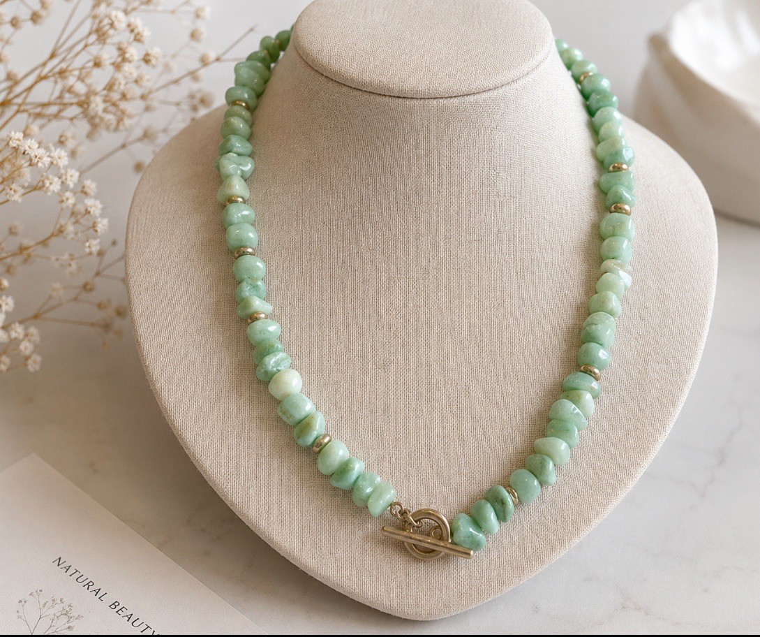 Amazonite Chip Bead Necklace Toggle Front Mint Green Stone 19” Chunky Boho