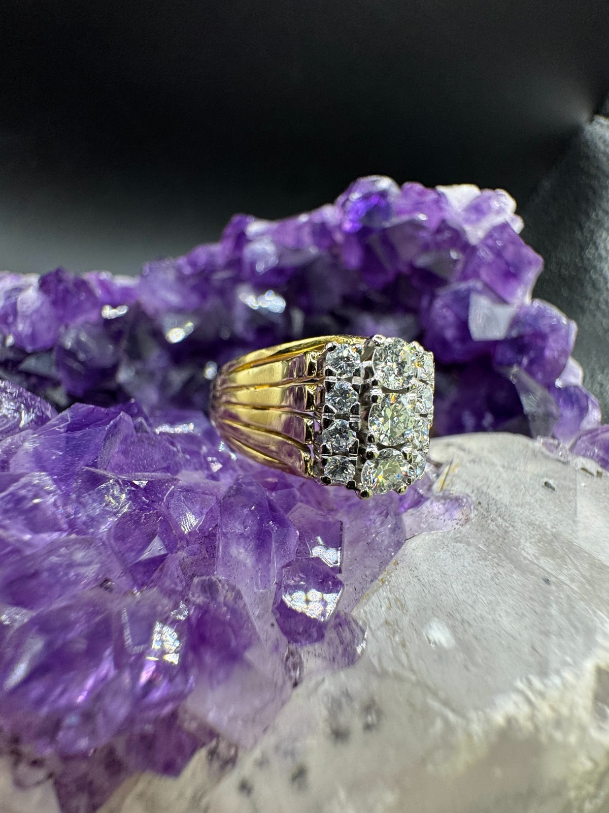 Ring 750 Gold 18 Carat Yellow and White Gold with Diamonds Vintage Handmade