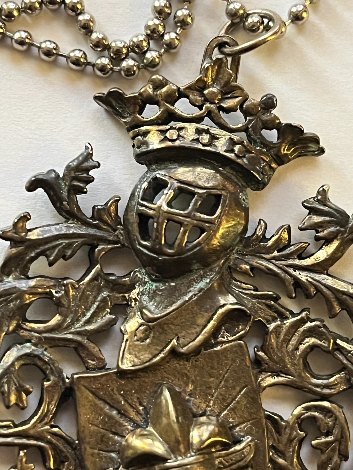 Vintage Coat of Arms Crown Fleur de Lis Shield Pendant Brass/Bronze with Patina