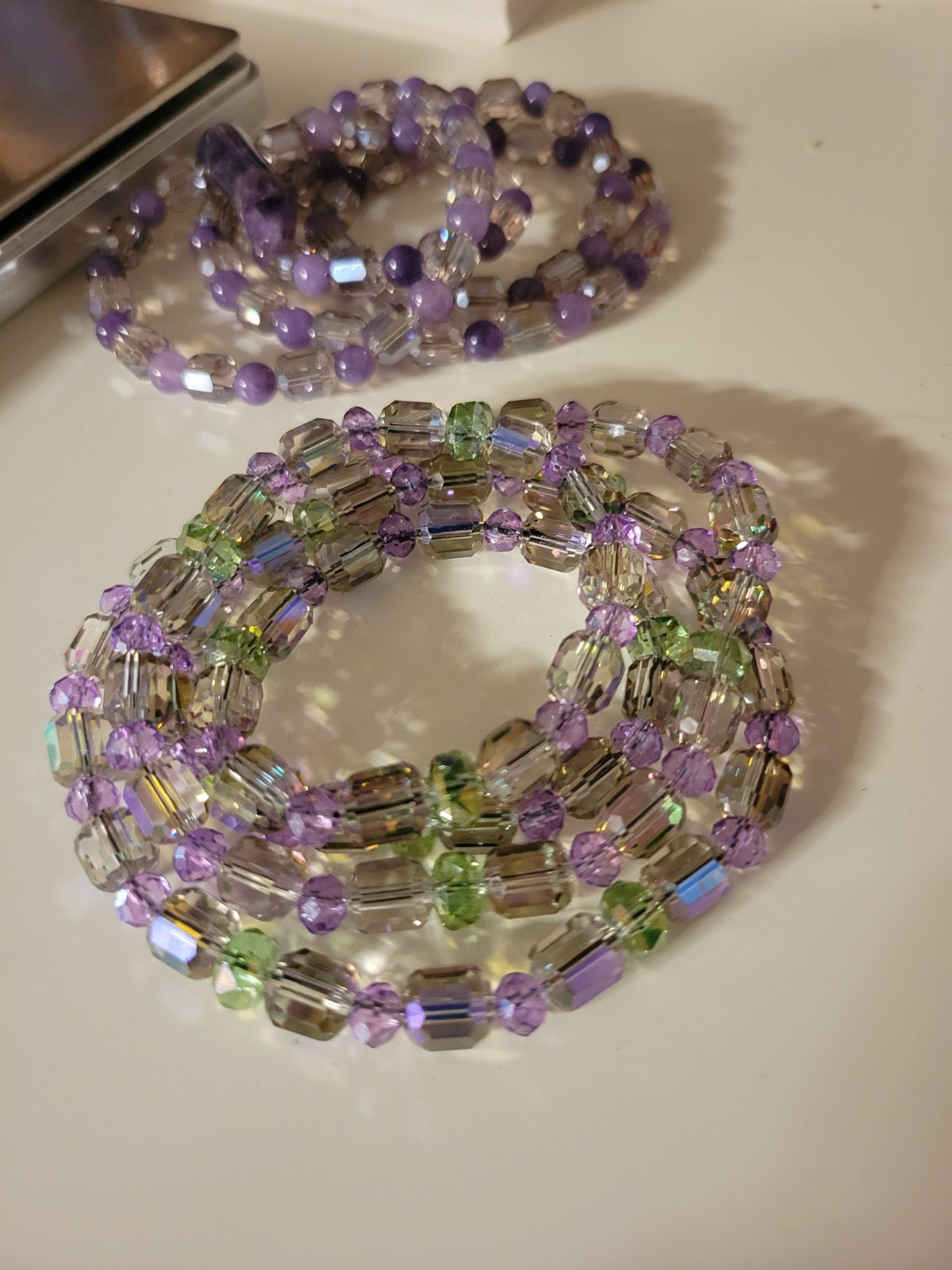 Iridescent Genuine Crystal Beaded Necklace in Purple & Green Artisan Handmade
