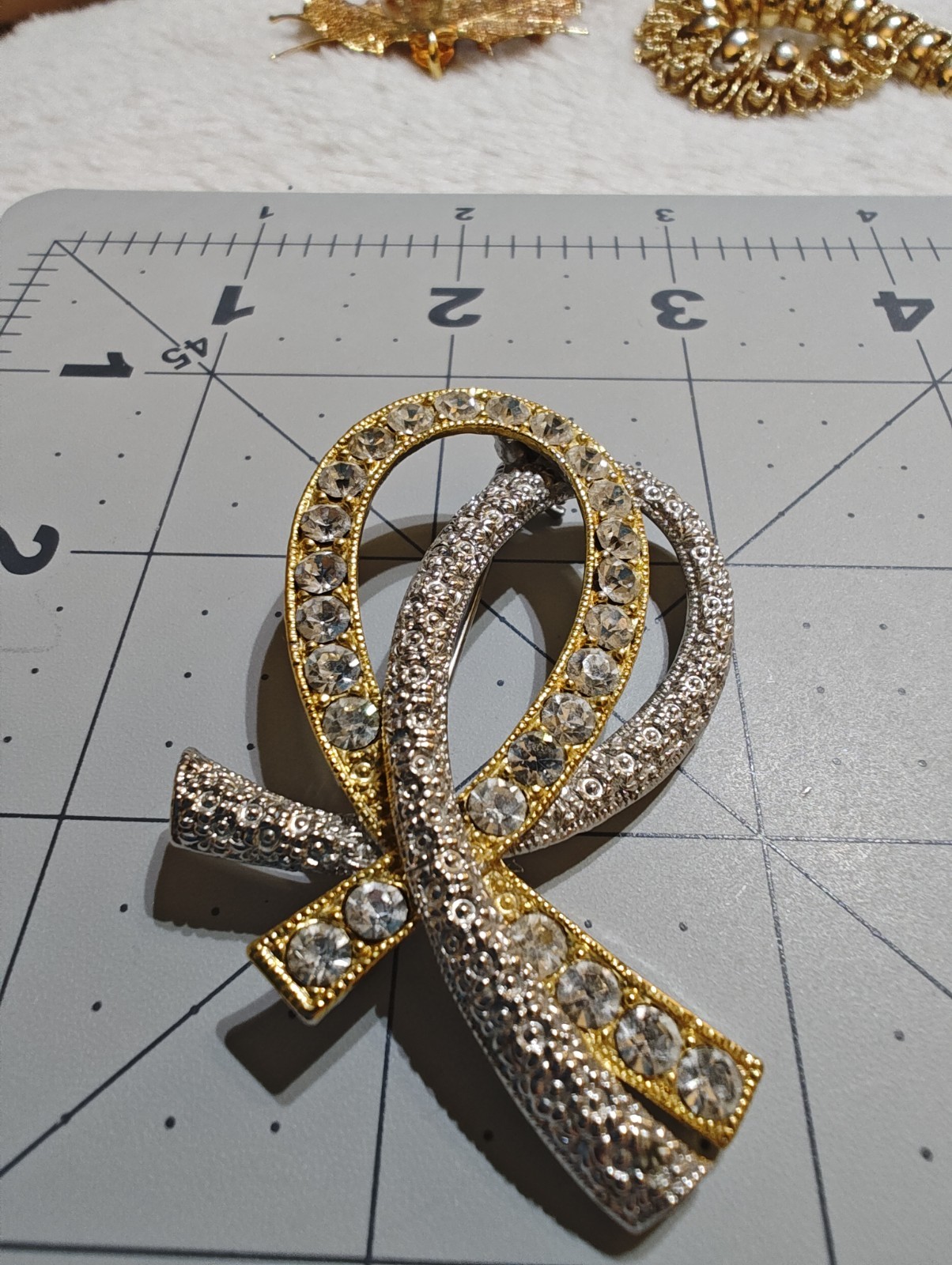 Ribbon Brooch Pin Gold & Silver Tone Clear Round Rhinestones 2.25 in