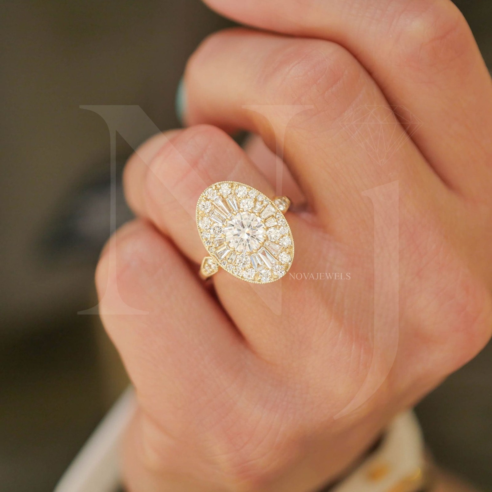 1 CT Round Cut Halo Moissanite Engagement Ring 14K Yellow Gold Plated For Women