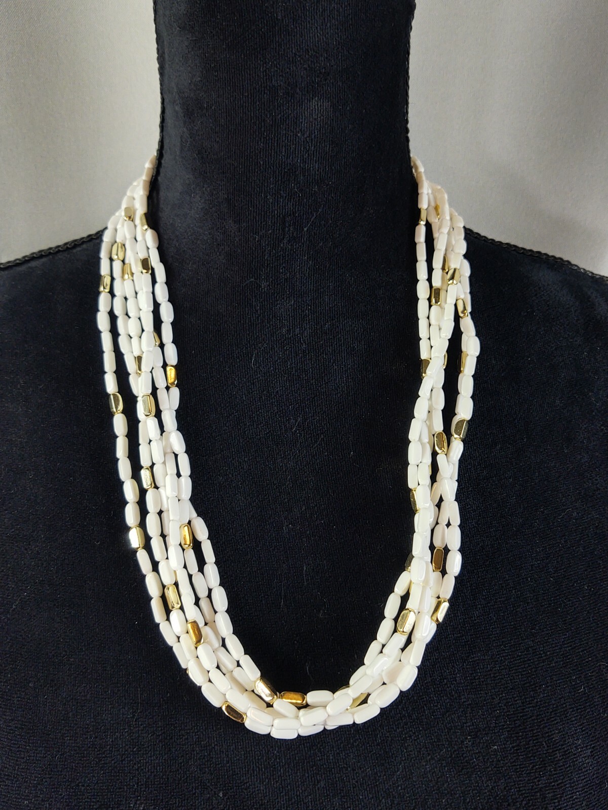 Vintage 6 Strand White & Gold Tone Bead Necklace Women’s Costume Jewelry