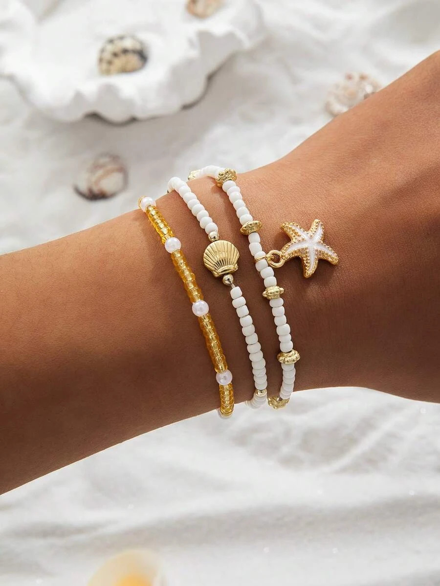3pcs Starfish Shell Anklet Set Women Beach Beaded Jewelry