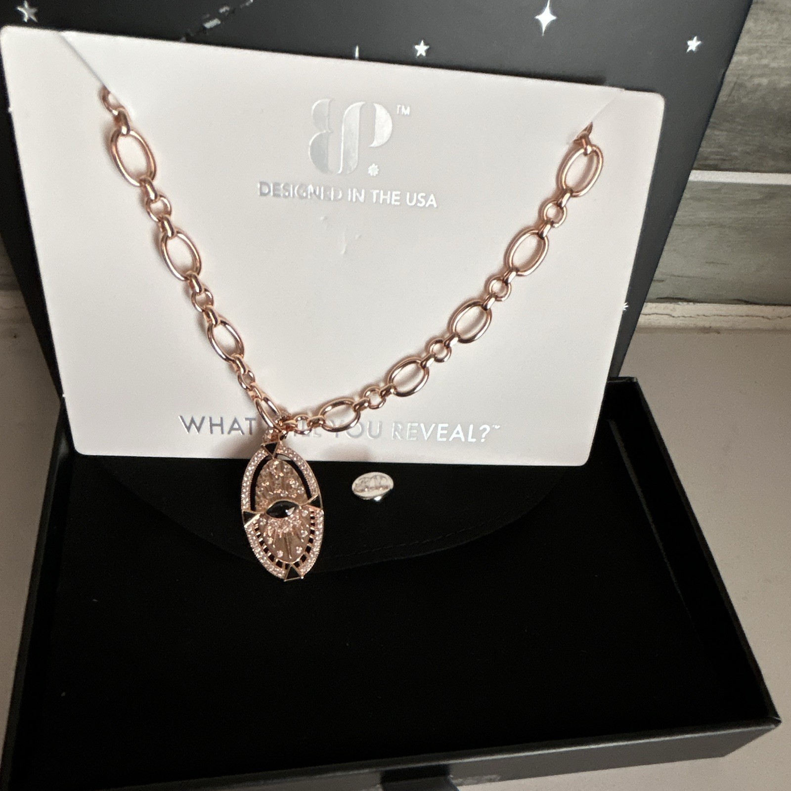 Bomb party obsedia Takeover Necklace Rose Gold Plated Onyx Sandstone CZ 18″