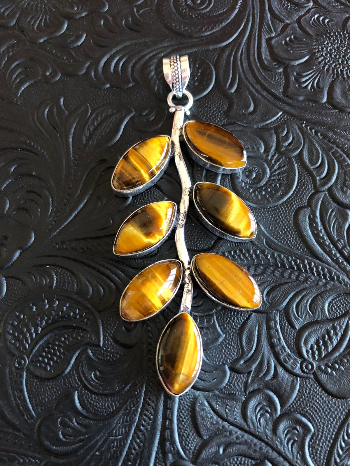 Golden Brown Tiger’s Eye Leaf Vine Pendant Long 3.5” Artisan Handcrafted