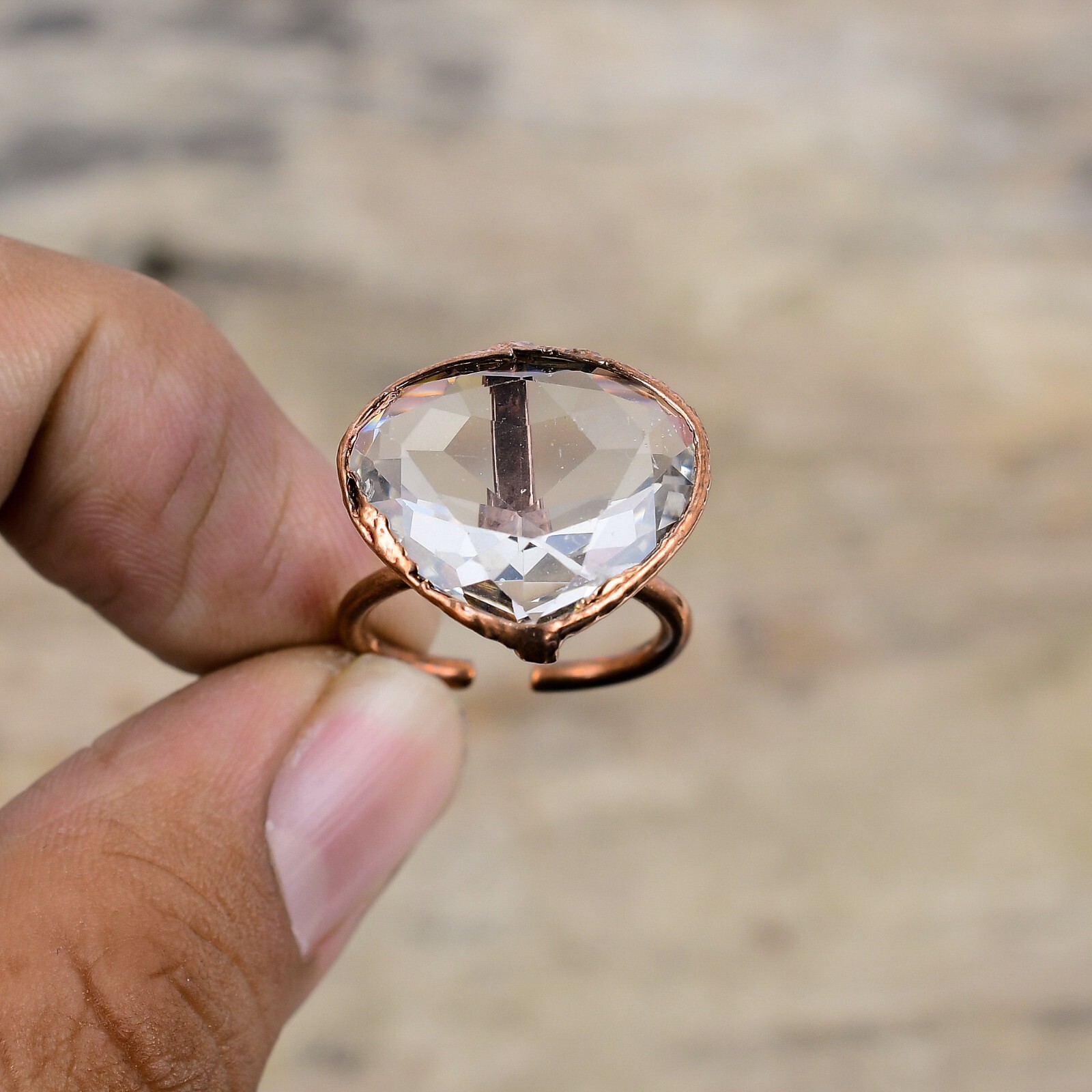 White Topaz Copper Love Gift Electroformed Adjustable Ring Size Adjustable