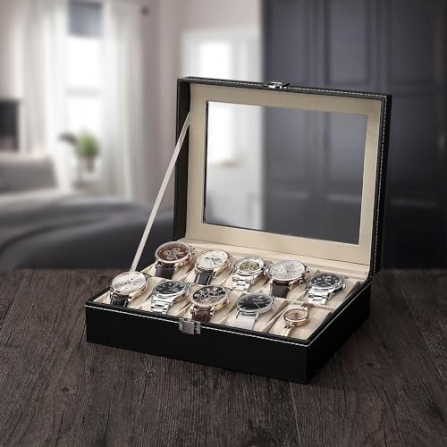 Watch Box Organizer for Men and Women – 10 Slot Watch Storage Box with Top