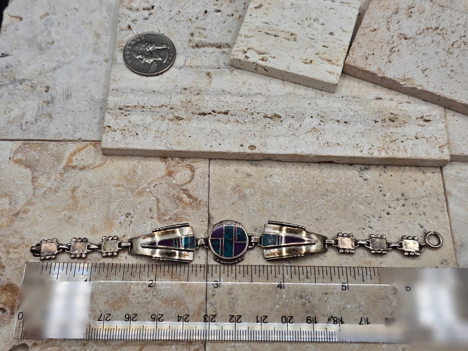 Vintage Navajo Ray Tracey Sterling Sugilite & Turquoise Geometric Link Bracelet