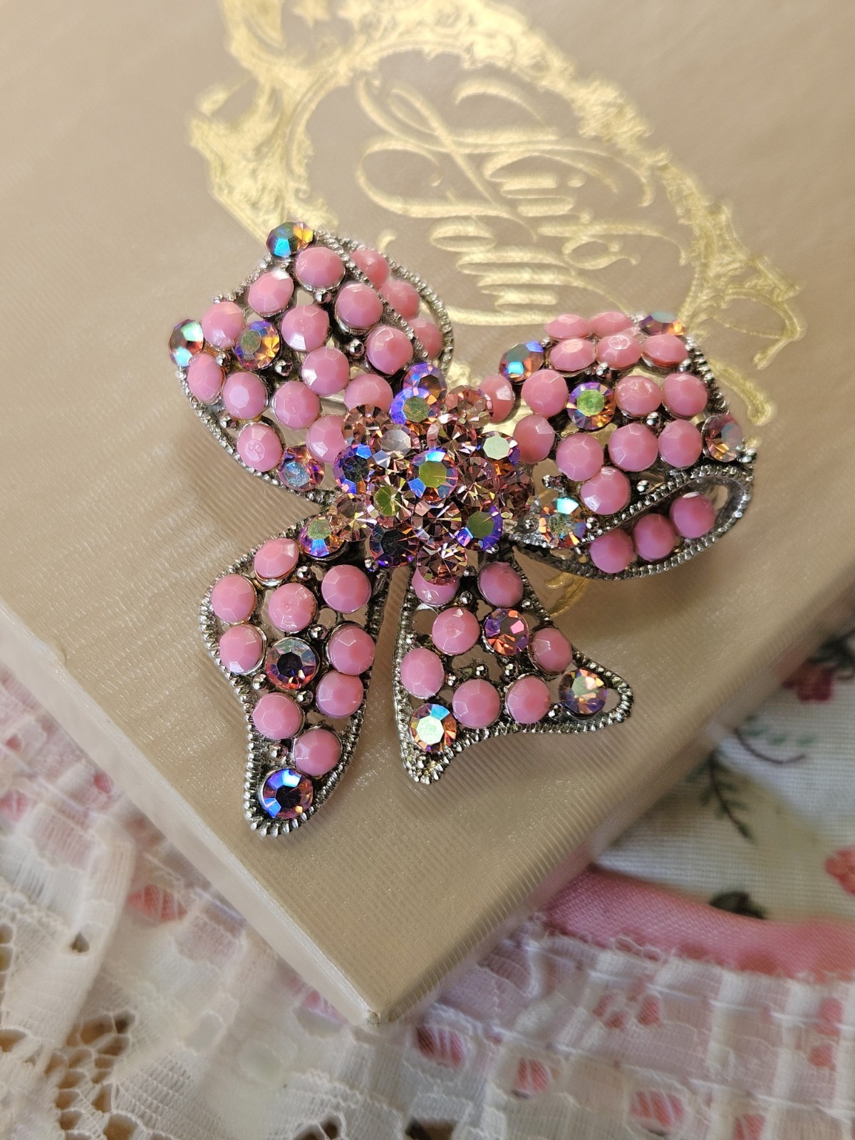 ACEO Fox Pastel Painting Kirks Folly Bow Pendant Brooch Pink Bows Gift Set CUTE!