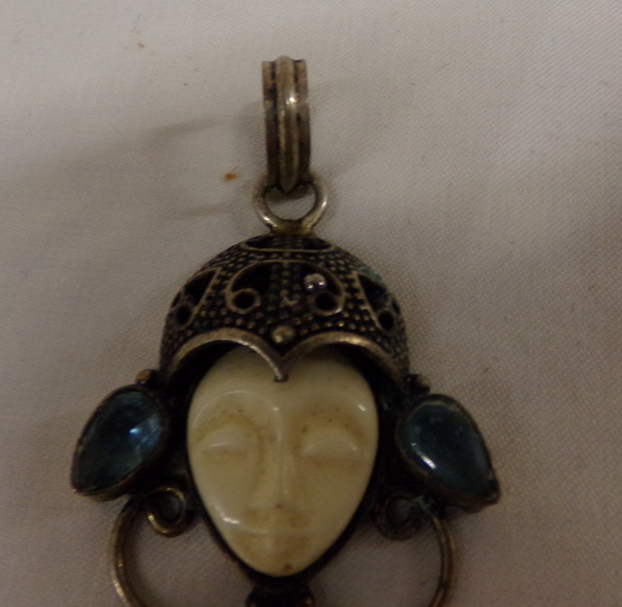 SAJEN Goddess Carved Silver Necklace Pendant With Blue Topaz Stones Unsigned