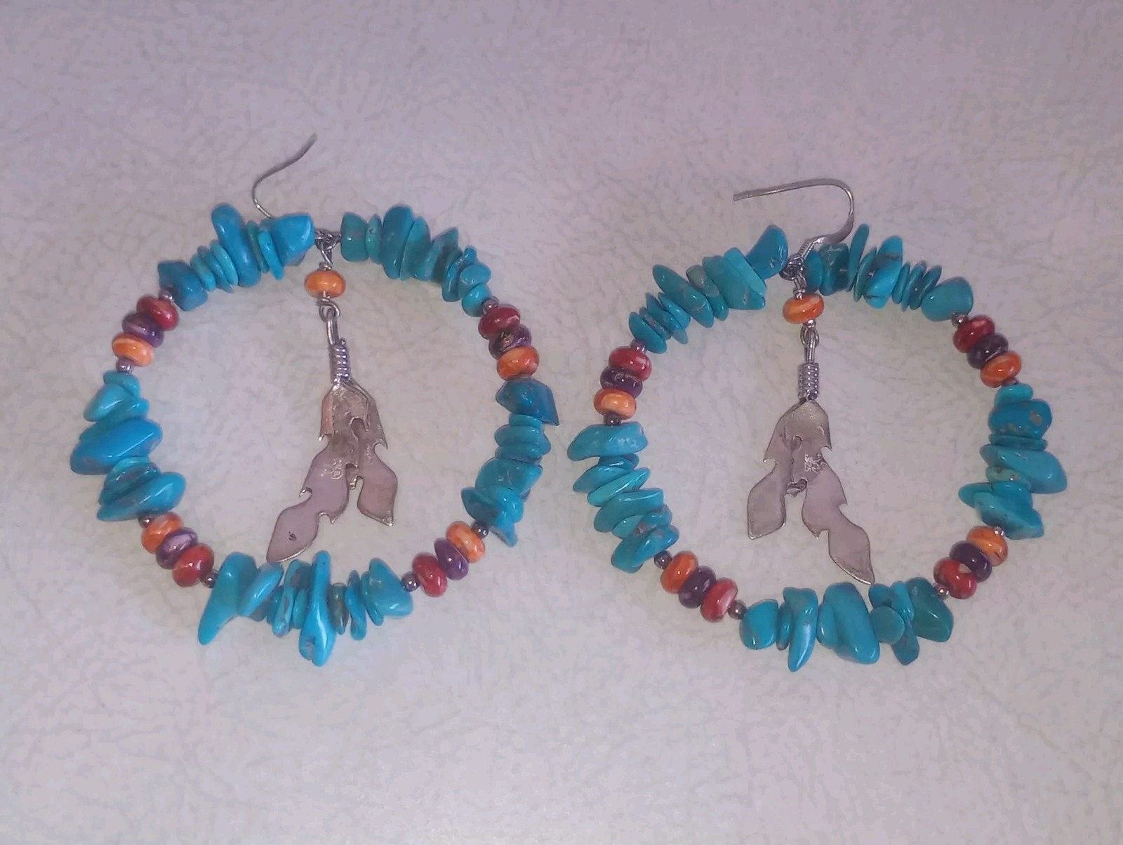 Navajo Running Bear Stamped .925 Silver & Turquoise 2 1/2″ Hoop Earrings