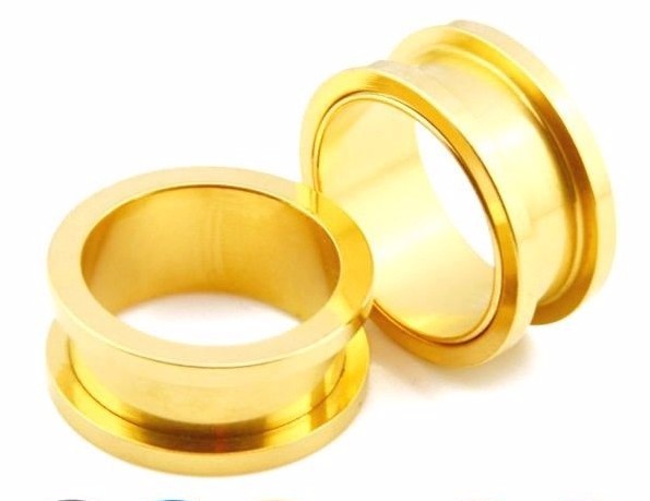 PAIR GOLD 316L STEEL SCREW ON FIT FLESH TUNNELS EAR PLUGS GAUGES 00G 0G 2G 4G 6G