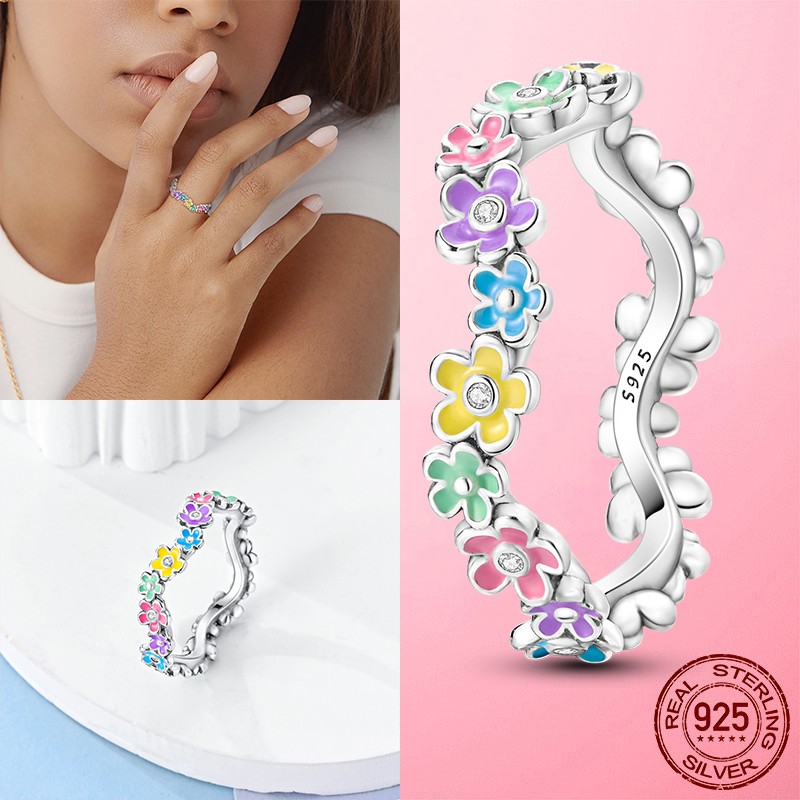 LAZA 925 Sterling Silver Ring Colorful Enamel Flower AAA CZ for Women Jewelry