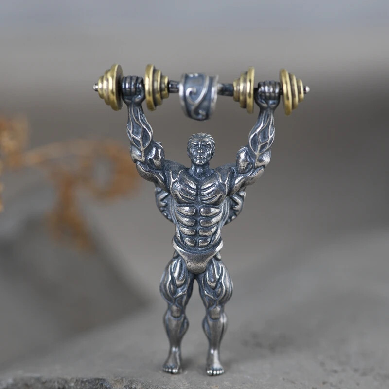 Real 925 Sterling Silver Retro Fitness Master Hip Hop Rock Pendant Men Jewelry