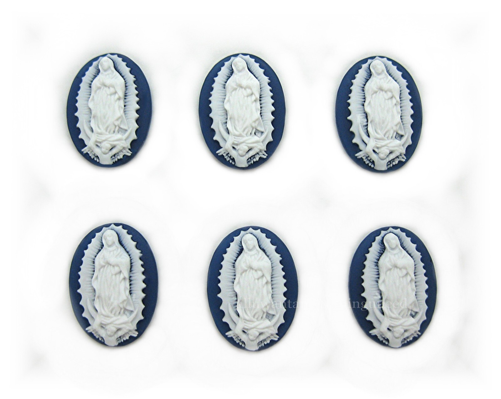 6 NEW White on NAVY BLUE LADY OF GUADALUPE 25mm x 18mm Costume Jewelry CAMEOS