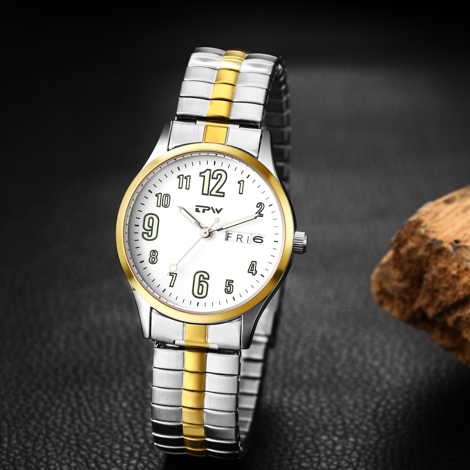 Large Arabic Numeral Easy to read Date Watch Stainless Steel Band Wristwatch