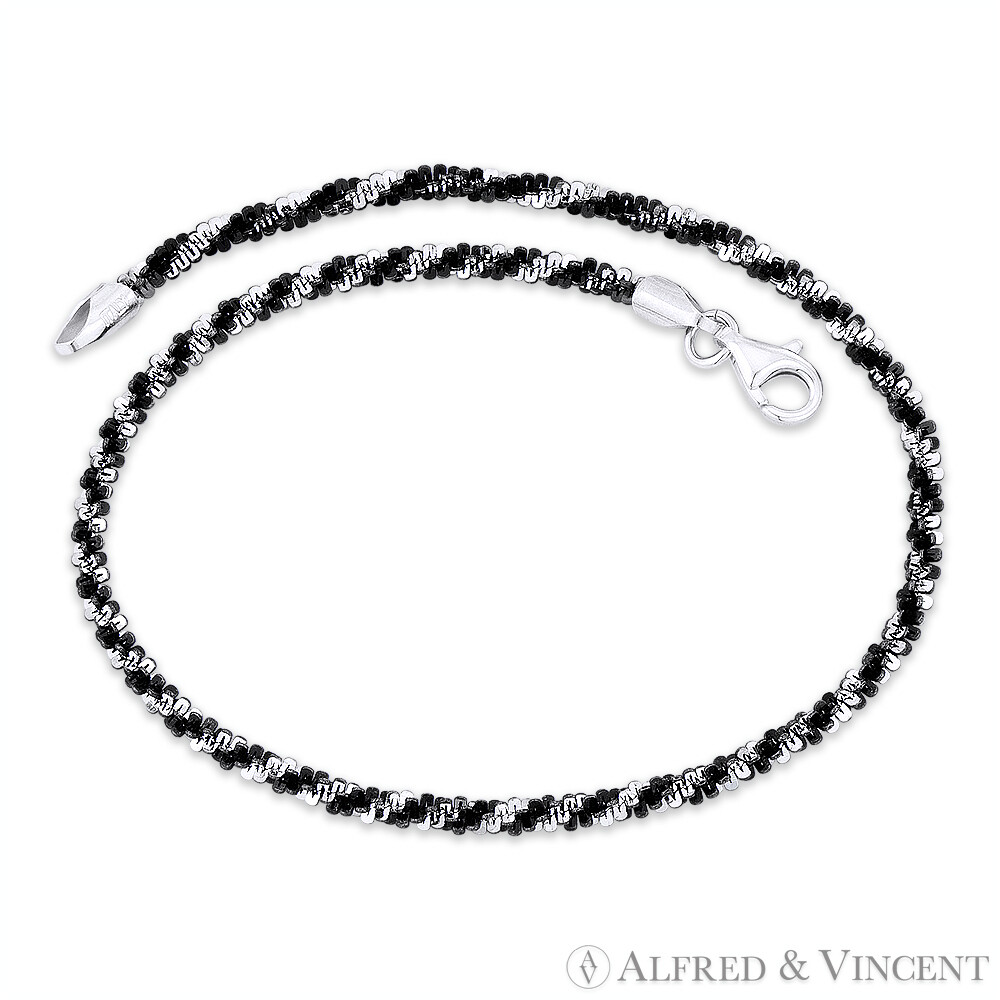 2.5mm Roc Link 2-Tone Spiral .925 Sterling Black & Silver Italian Chain Bracelet