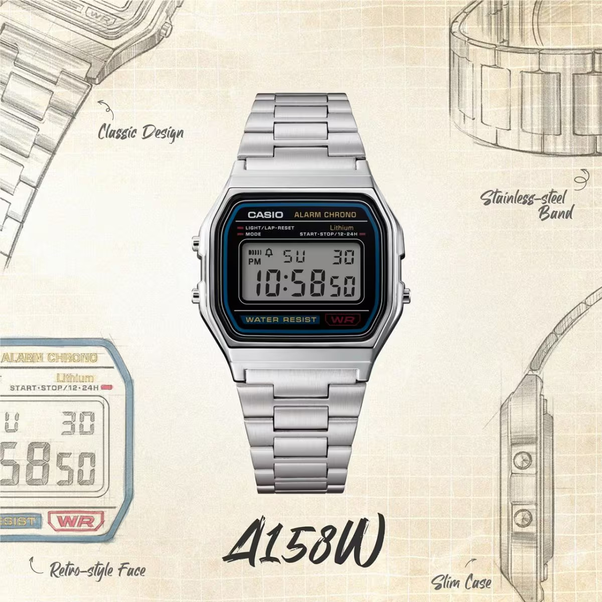 Casio A158WA-1R Digital Watch Unisex Stainless Steel Retro Alarm Chronograph LED