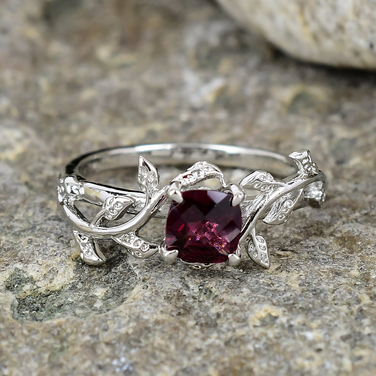 Rhodolite Garnet Ring 925 Sterling Silver Ring Leaf Ring For Women Wedding Ring