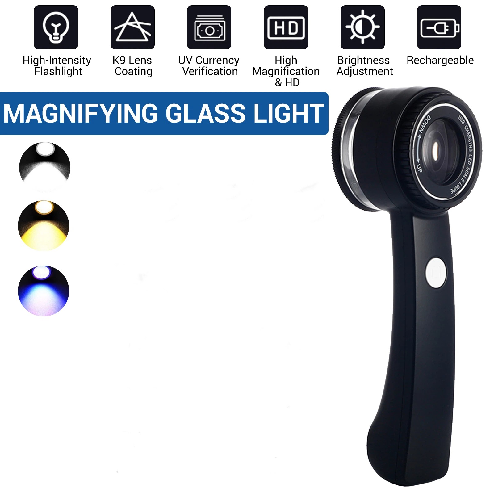Loupe Magnifier USB-C Rechargeable Magnifying Glass with LED Light,Scale,K9 Lens