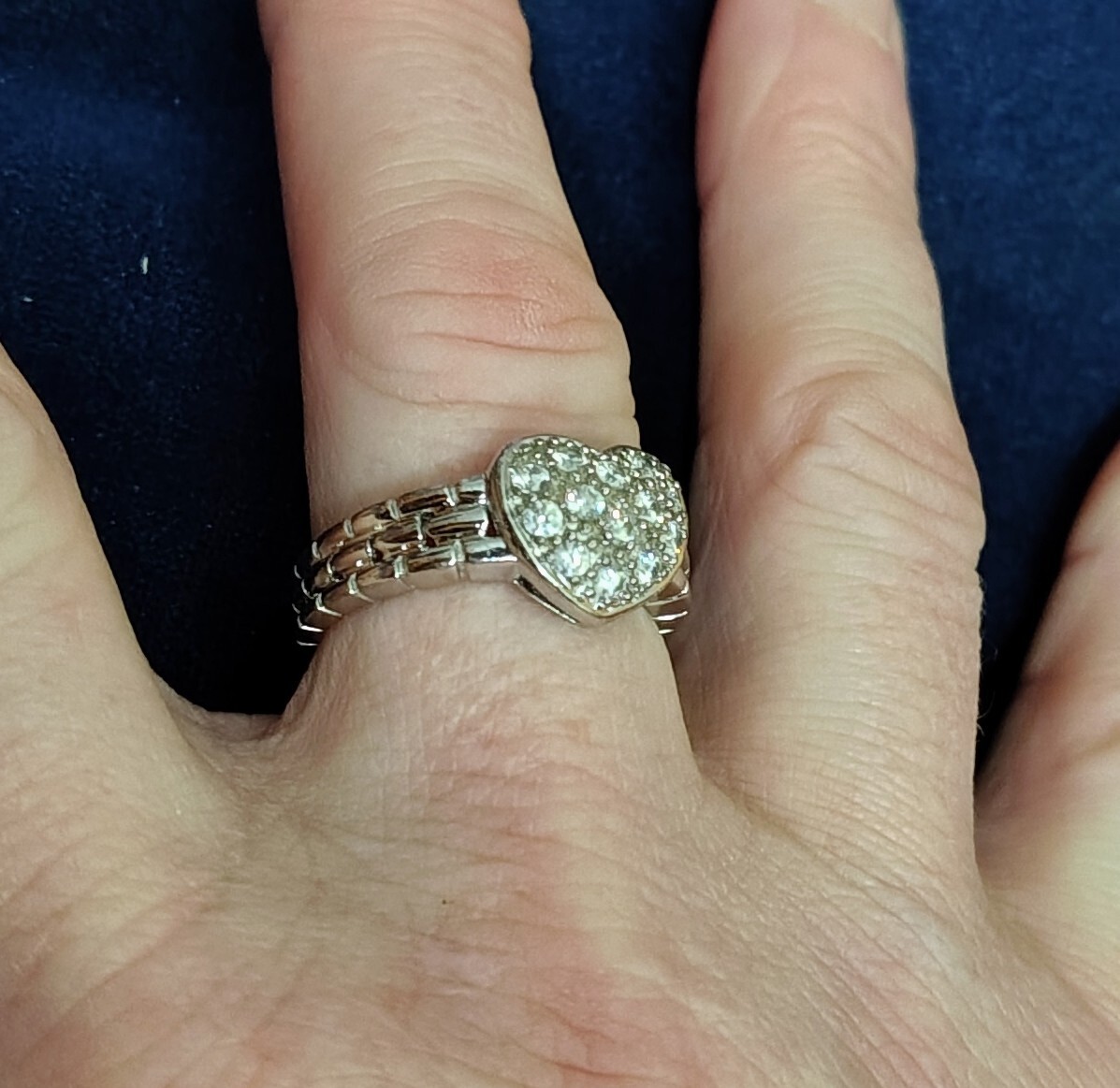 Vintage Art Deco Style Sterling Silver Heart C Z Ring Weaved Pattern Band Size 8